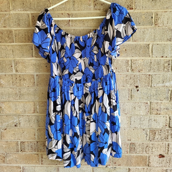 Free People Louise Floral Off The Shoulder Smocked Bodice Mini Dress L Blue - Picture 4 of 8